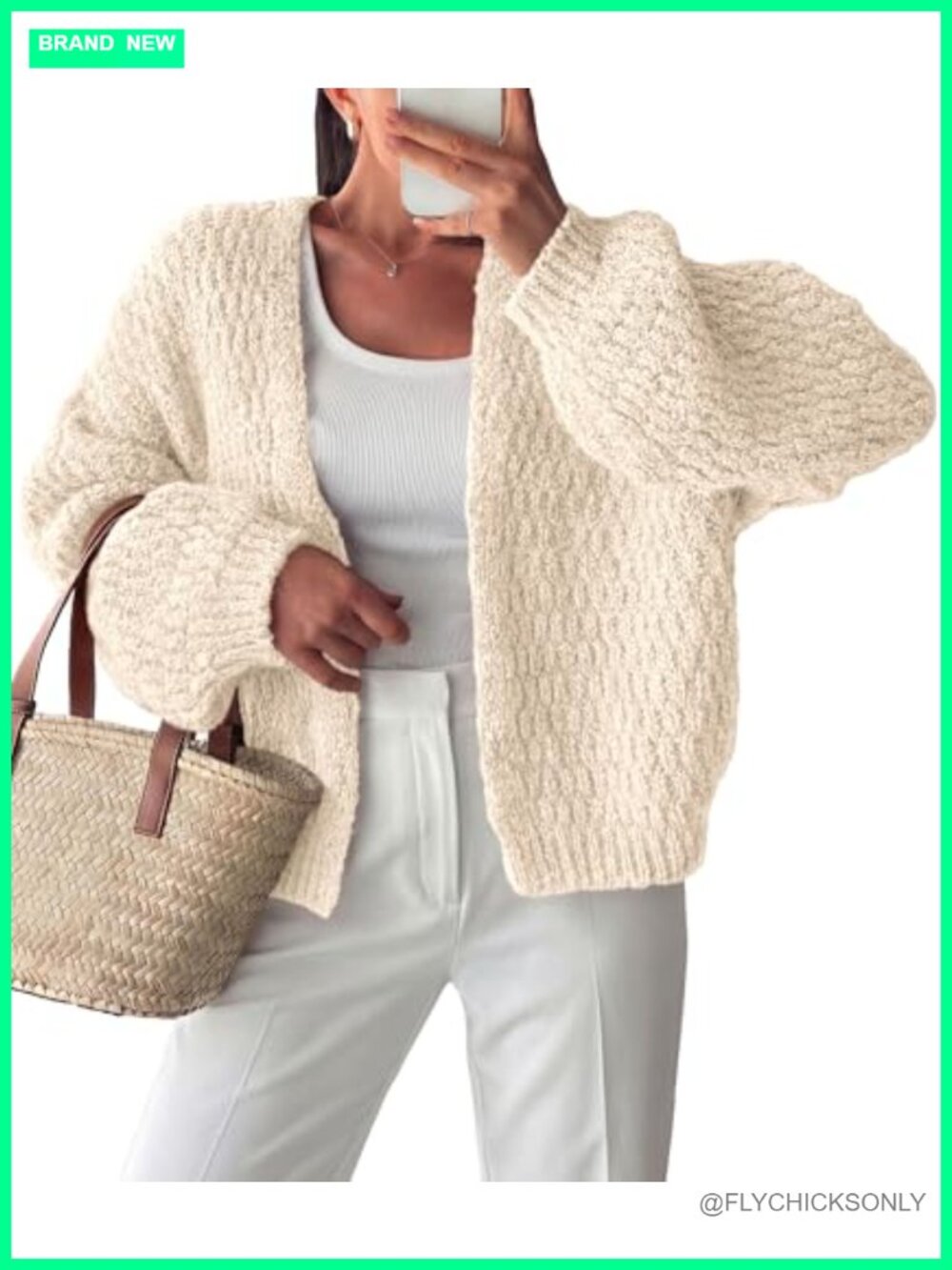 Women's Chunky Knit Cardigan Open Front Lantern Sleeve
